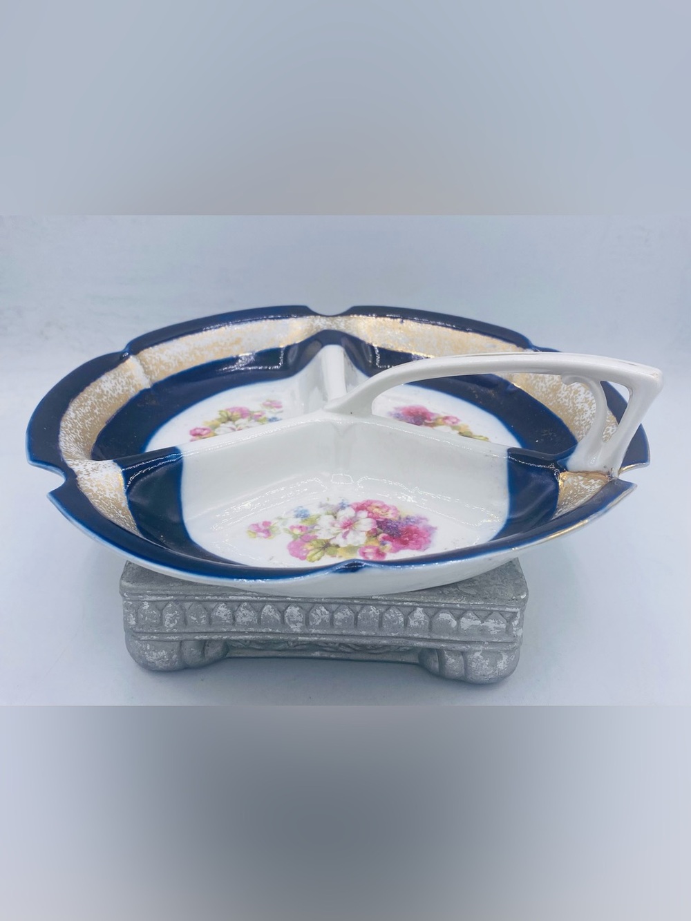 Vintage Blue and White Porcelain Divided Serving Dish With Floral /Gold Design
